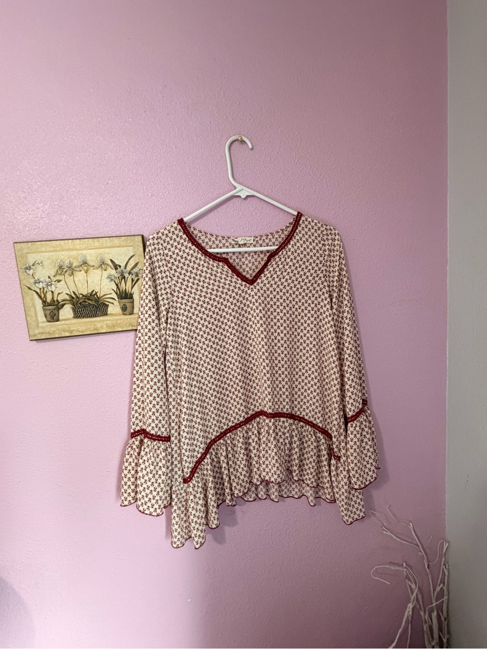 About A Girl Cream and Burgundy Printed V-neck Tunic